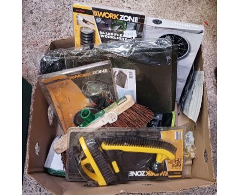 CARTON WITH DIGITAL WALL CLOCK, WORK LIGHTS, BLACK PROTECTIVE COVER, SMALL HAND DRILLS, NO CHARGERS, BOXED HANDKERCHIEFS, BRU