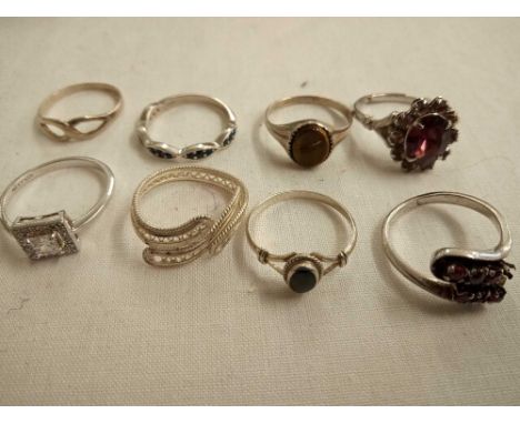 8 SILVER RING, SOME SET WITH STONES