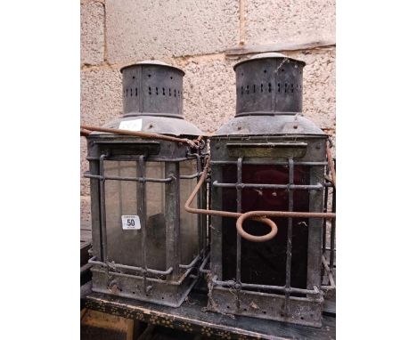2 VINTAGE SQUARE OIL LAMPS, 1 WITH WHITE GLASS THE OTHER RED BY SANDERSON OF BIRMINGHAM