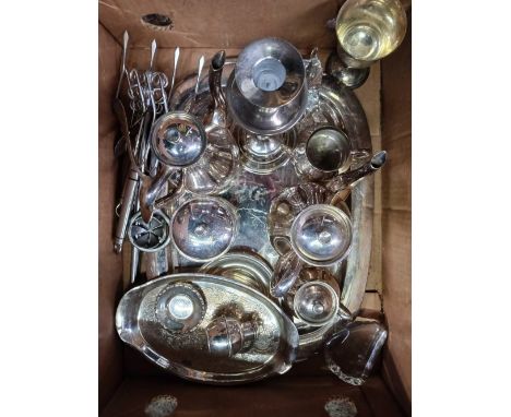 CARTON WITH WOLFE STAINLESS STEEL TEA SET, METAL CANDLESTICK, TRAY &amp; UTENSILS 