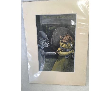 LOUIS WAIN C1912, A COLOUR PRINT OF A CAT POLICEMAN CHALLENGING A CAT BURGLAR, UNFRAMED BUT MOUNTED 11” X 8”