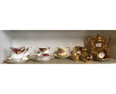 GOLD COLOURED WADE COFFEE SET &amp; A ROYAL ALBERT TEA SET &amp; ELIZABETHAN CUPS &amp; SAUCERS 