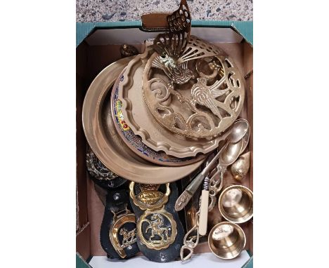 CARTON OF HORSE BRASSES, PLATES &amp; SPOONS