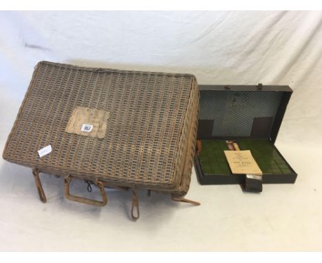 OLD VINTAGE BAMBOO PICNIC BASKET &amp; A CASED MAHJONG SET