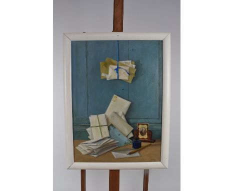 Stilleven met poststukken en portretje, inktpot en pen, olieverf op doek 60X50 cm gesigneerd "Van San. G" R.O. - Still life w