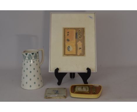 Collage met bladgoud + Aardewerk kom + 50-er jaren barometer + Delfts blauwe tegel. - Collage with gold leaf + Pottery bowl +