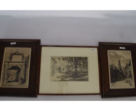W.J. Dingemans ets "St Antonie gasthuis" + "schoolholm Groningen" + "Gardepoort" . - W.J. Dingemans etching “St Antonie gasth