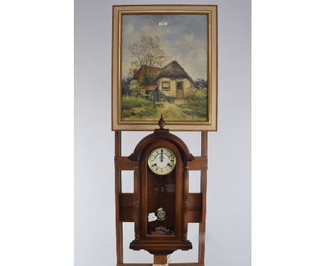 Olieverfschilderij W v Dort "rietgedekte boerenwoning met kippen" + hangklok. - Oil painting W v Dort “rietgedekte boerenwoni