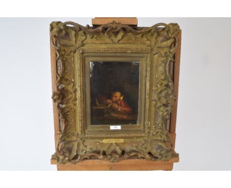 G Schalken 1643-1706, ca 17X23 cm in lijst L.B. verf schade "man maakt schrijfveer bij kaarslicht". - G. Schalken 1643-1706, 