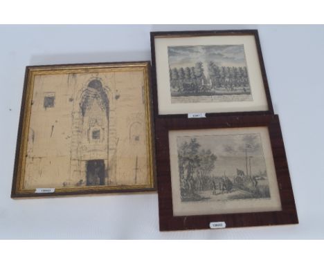 Deel van ets Marius Bauer 26X29 cm + 2 antieke gravures in lijstjes ca. 27x25 cm. - Part of etching Marius Bauer 26X29 cm + 2