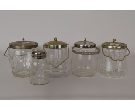 Rond theebusje glas met schroefdop + 4 ronde glazen koekpotten met nikkel montuur en deksel. - Round tea caddy glass with scr