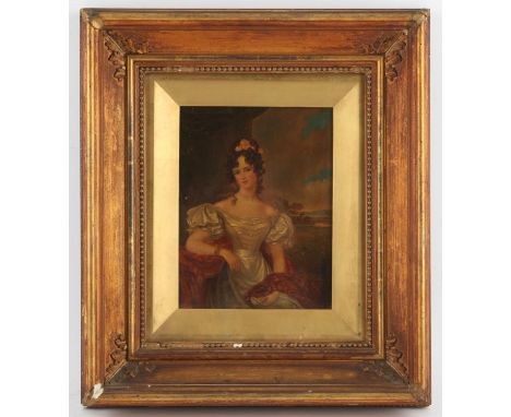 English School, c. 1800, portrait of a young woman in a grey dress, oil on panel, framed and glazed, 22 x 17cm. 