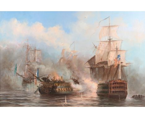 J. Nelson (twentieth century), seascape depicting the Battle of Trafalgar. Oil on canvas. Signed lower left. Framed. Image si