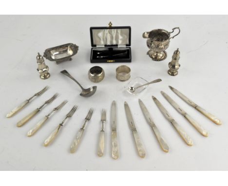 George III open silver salt with gadrooned and shell borders on four ball feet, maker's mark rubbed, London, 1811, pair of si