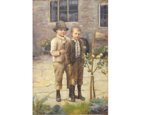 Attributed to Etienne Robert (1875-1959) Portrait of two boys looking at an apple tree sapling. Oil on canvas, indistinctly s