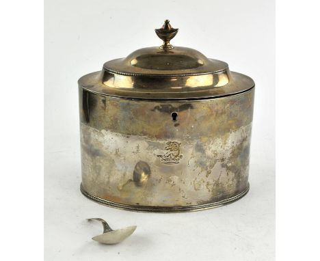 George III silver tea caddy of oval section with beaded rims and urn finial, by Robert Hennell I and David Hennell II, London