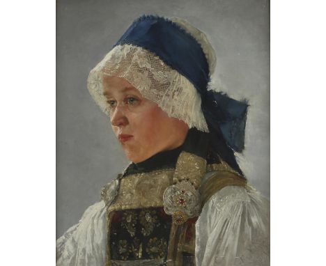 Nineteenth-century European School, portrait of a girl wearing a bonnet, oil on canvas, signed indistinctly lower right, fram