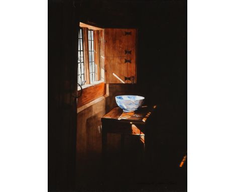 Michael John Hunt (British, b. 1941), 'The Chinese Bowl', acrylic on panel, signed lower right, framed, bearing label to reve