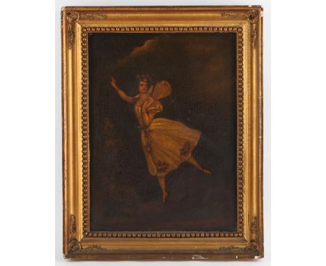 Nineteenth-century European School, portrait of a ballerina. Oil on panel (possibly an overpainted print). Framed. Bearing la
