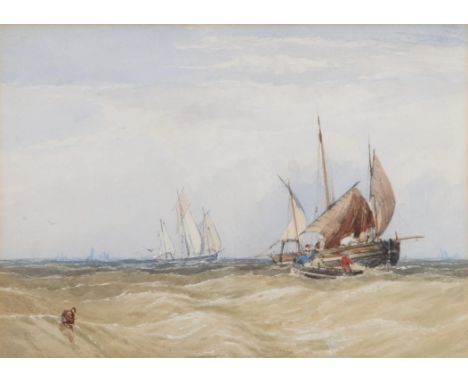 Charles Bentley (British, 1806-1854), seascape with fishing boat to foreground, watercolour, framed and glazed, bearing label