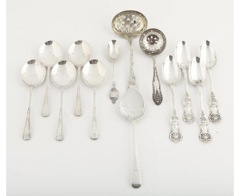 George III chased silver straining ladle, by John Lias, London 1808, five Art Deco soup spoons, four Victorian tea spoons, tw