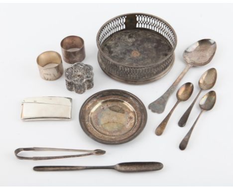 George III silver and mahogany coaster with pierced gallery and beaded border, Sheffield, c. 1780, small selection of flatwar