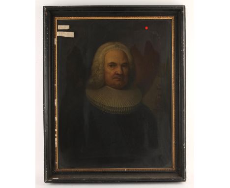 Eighteenth-century English School, portrait of a gentleman wearing a wig and ruff, oil on canvas, framed and glazed, 77 x 60c