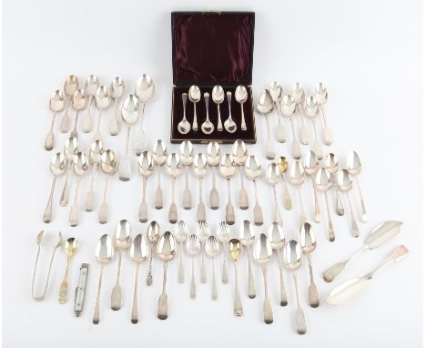 Mixed lot of George III and Victorian flatware, mostly tea spoons, various dates and makers to include a set of six rat tail 