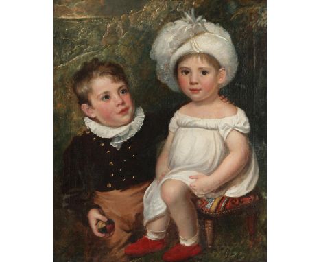 Nineteenth-century English School, portrait of a boy and a girl against a pastoral background, oil on canvas, framed, 76 x 63