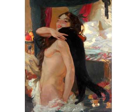 § Helen Margaret MacKenzie (Scottish, 1888-1966), portrait of a nude woman holding a cat, oil on canvas, signed lower right, 