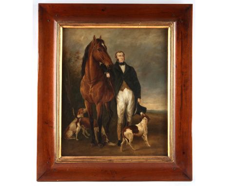 English School, c. 1800, portrait of a gentleman with his horse and dogs. Oil on canvas. Framed. Image size 61 x 50cm. Condit