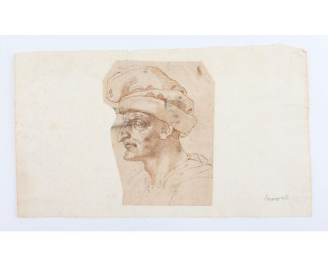 AMENDED DESCRIPTION - Manner of Leonardo da Vinci, caricature portrait head of a man with long cap. Brown ink on laid paper, 