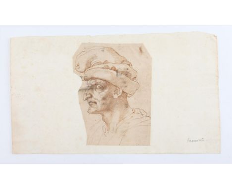 AMENDED DESCRIPTION - Manner of Leonardo da Vinci, caricature portrait head of a man with long cap. Brown ink on laid paper, 