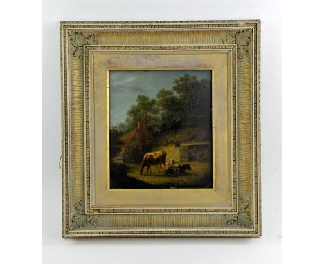 Nineteenth-century English School, farmyard scene with cattle to foreground. Oil on panel. Framed and glazed. Image size 28 x