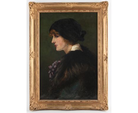 Nineteenth-century European School, portrait of a young woman in furs, oil on canvas, framed, 61 x 41cm. Condition Report:  G