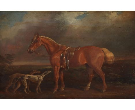 Nineteenth-century English School, landscape with Chestnut horse and hounds, oil on panel, framed, 20 x 30cm.Condition Report