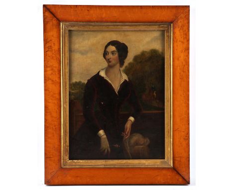 English School, c. 1800, portrait of a young woman in a pastoral setting, with horse and rider to background, oil on canvas, 