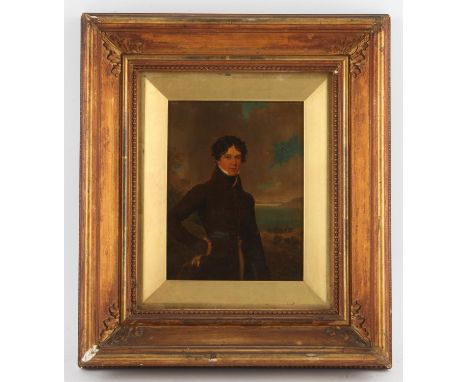English School, c. 1800, portrait of a young man in a dark brown coat, oil on panel, framed and glazed, 22 x 17cm. Condition 