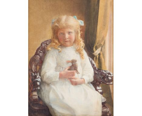 Ernest Albert Chadwick (British, 1876-1955), portrait of a young girl holding a toy rabbit (1914), watercolour, signed and da