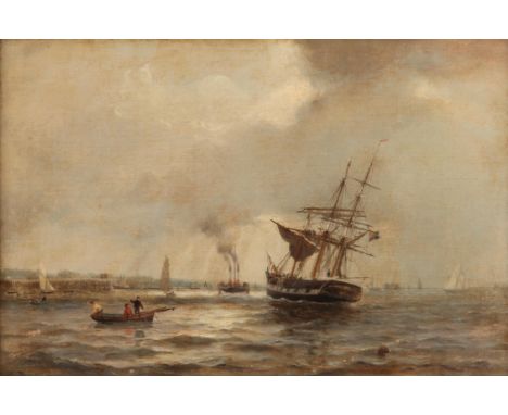 Attributed to George Gregory (British, 1849-1938), 'In Tow', seascape with steam tug towing a naval frigate, oil on canvas, u