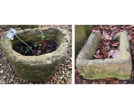 A natural stone D end trough, approx 50 cm wide x 40 cm deep x 20 cm high, together with a further natural stone trough of re