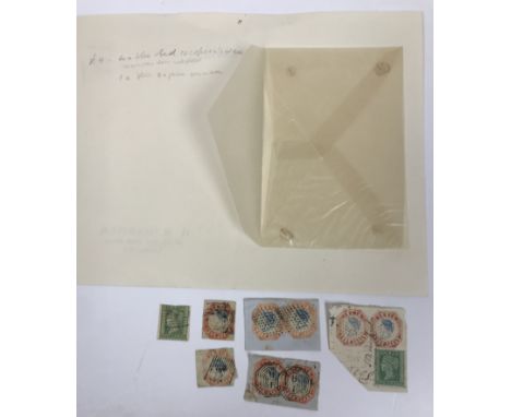 A collection of Victorian India Four Annas lithograph stamps, six mounted as horizontal pairs, one with green Two Annas stamp