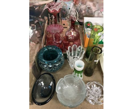 A collection of mainly 20th Century glass to include a Holmegaard cylindrical vase of green colour 23.5 cm high, an Orrefors 