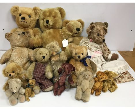 A box containing assorted mohair and other teddy bears to include a vintage example, a Deans rag book teddy "Dennis" No'd 189