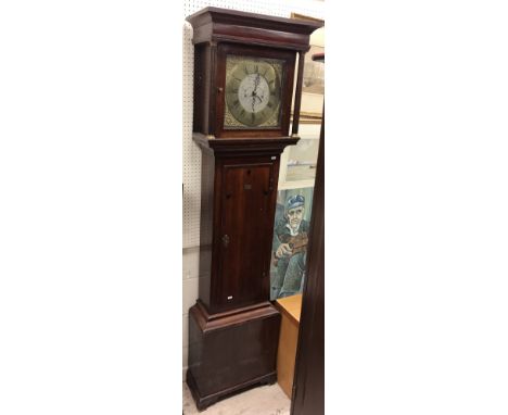 A George III oak and inlaid cased long case clock, the eight day movement with square brass dial and brass chapter ring with 