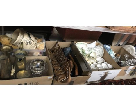 A box containing a Foley floral decorated part tea set, a Royal Albert Belinda part tea set together with various other decor