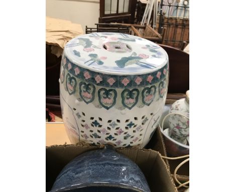 Four boxes of assorted modern Chinese and other jardinieres, vases, etc., to include a Chinese barrel stool and a small eleph