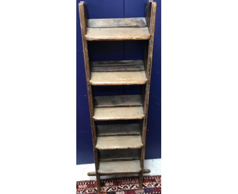 A Victorian pine folding ladder (possibly library ladder), with flat panel to top, over ten flat step rungs, folding in half,