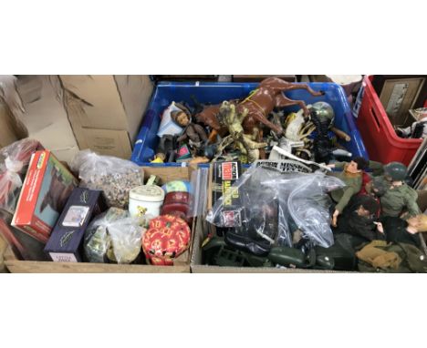 A box containing assorted Action Man toys (6 x Pallitoy / Hasbro 1964) and accessories to include motor bike and side car, fi