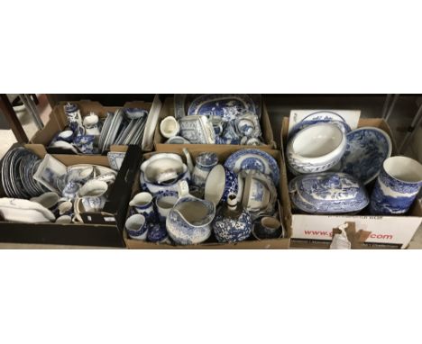 Five boxes of assorted 19th Century and later blue and white china wares to include various decorative plates, jugs, lamp etc